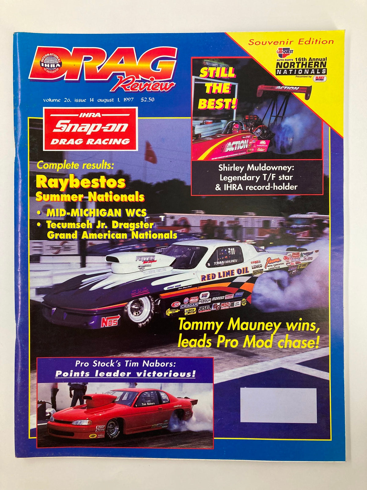 IHRA Drag Review Magazine cover from August 1, 1997, featuring Tommy Mauney winning the Pro Mod chase. The cover highlights key events like the Raybestos Summer Nationals and showcases iconic drag racing imagery.