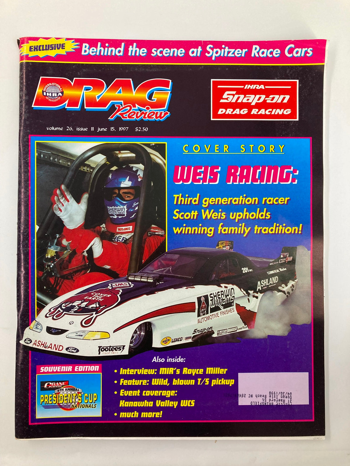 Cover of IHRA Drag Review Magazine from June 15, 1997 featuring a photo of third generation racer Scott Weis in his racing suit, along with his car showcasing vibrant graphics and details.