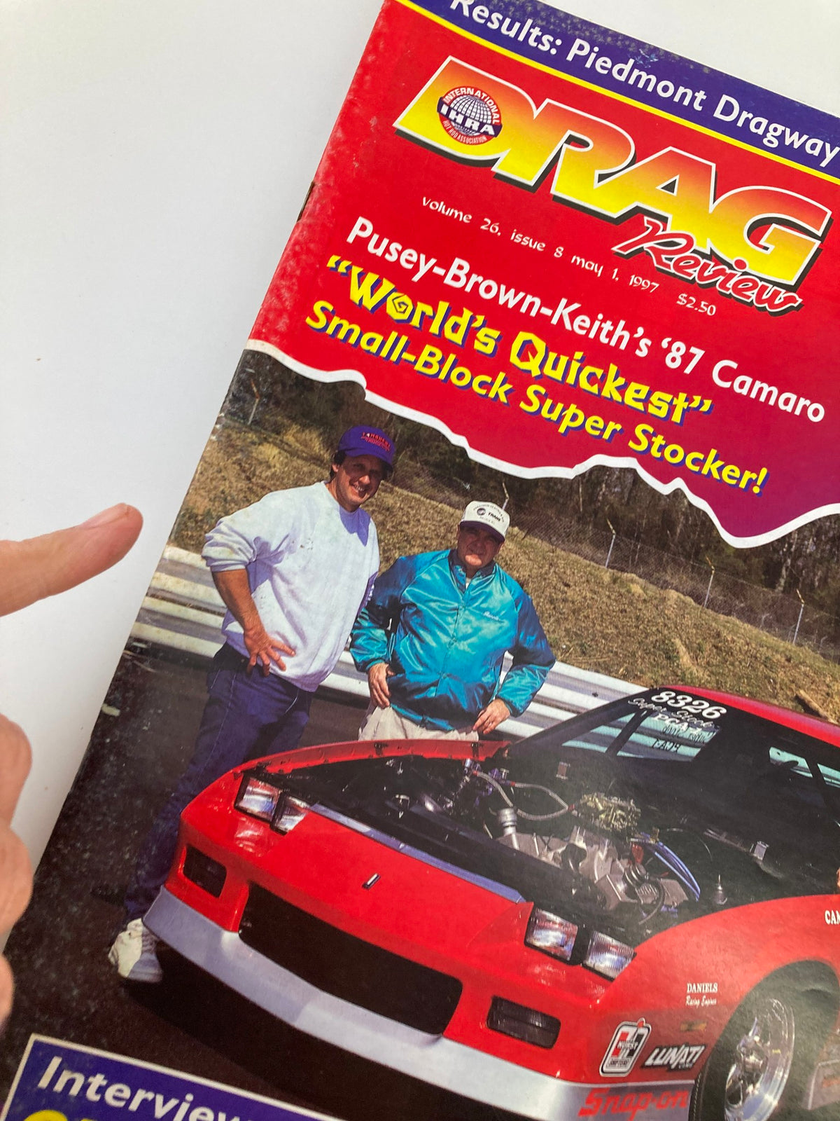 Close-up of the IHRA Drag Review Magazine May 1, 1997 cover highlighting Pusey-Brown-Keith's '87 Camaro, showcasing the 'World's Quickest' Small-Block Super Stocker alongside Auston Pusey and Ronnie Brown.