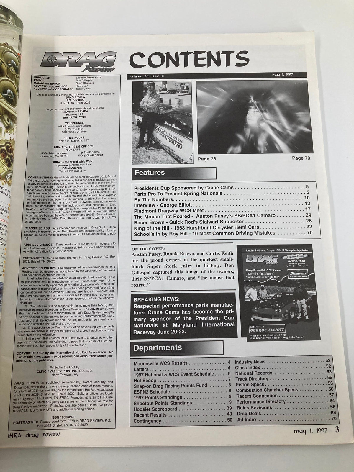 IHRA Drag Review Magazine May 1 1997, featuring contents page showcasing features, interviews, and racing news with images of notable driver Ronnie Brown and a car with racing graphics.
