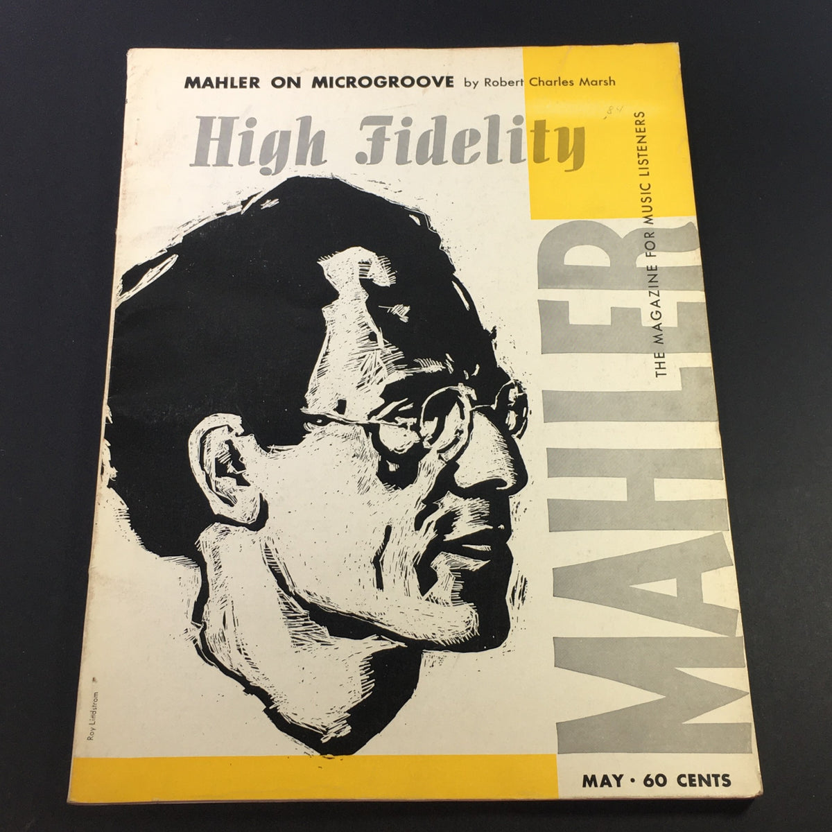 VTG High Fidelity Music Magazine May 1957 featuring an artistic illustration of Gustav Mahler, highlighting the focus on microgroove technology in sound recording.