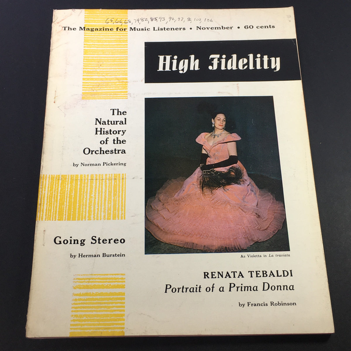 High Fidelity Music Magazine November 1957 featuring a portrait of prima donna Renata Tebaldi on the cover, showcasing the vintage charm and nostalgic design of the era.