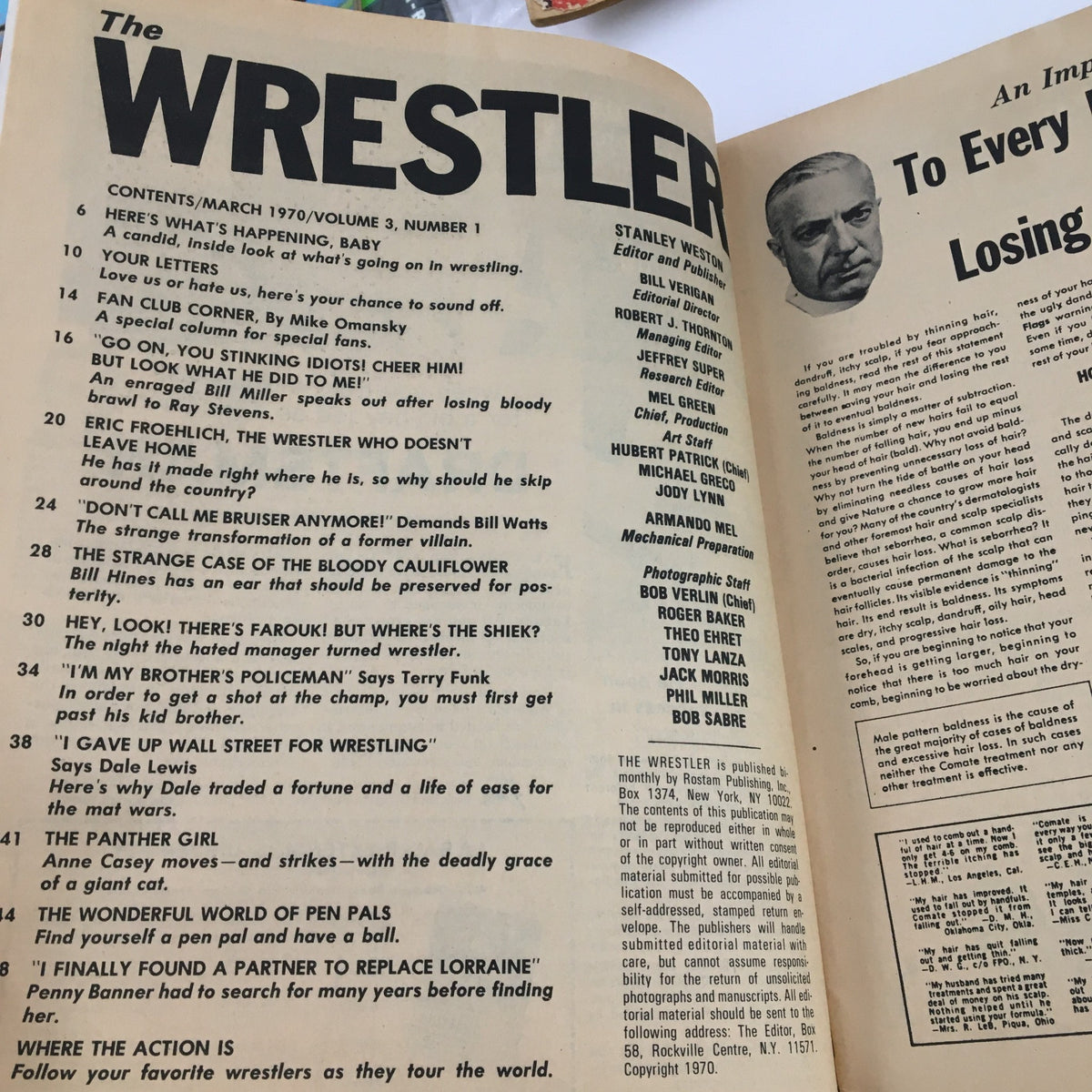Inside page of The Wrestler Magazine March 1970 showcasing the table of contents with various article titles and editor details, highlighting the magazine's focus on wrestling.