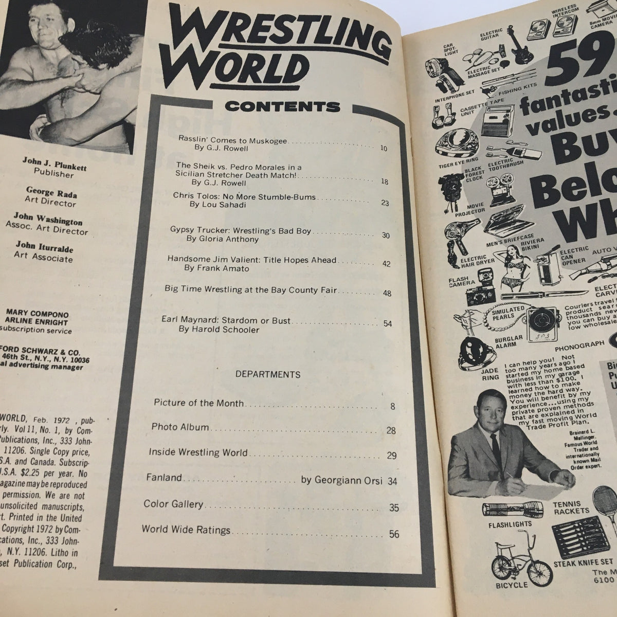 Interior page of Wrestling World Magazine February 1972 displaying the table of contents, showcasing articles, matches, and features.