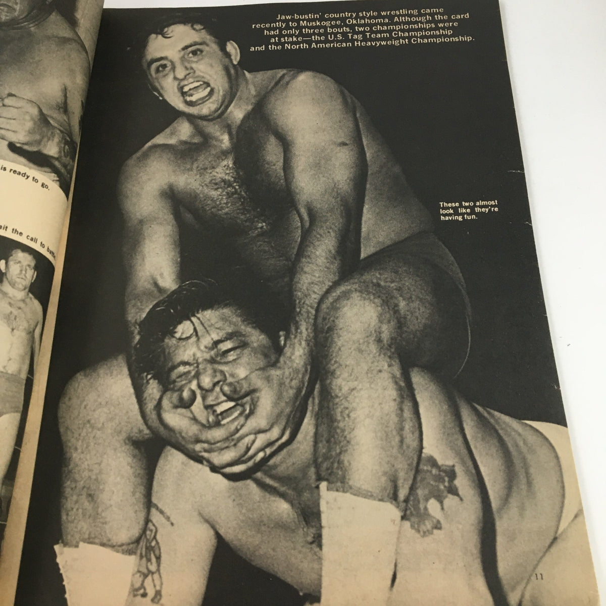 Wrestling World Magazine February 1972 featuring a black and white image of wrestlers John Tolos and The Sheik in action, showcasing a classic moment in professional wrestling.