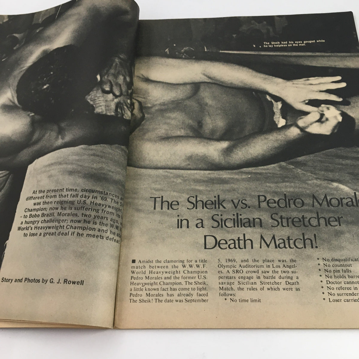 Wrestling World Magazine February 1972 showing The Sheik in a dramatic moment during a match against Pedro Morales, highlighting the intensity of professional wrestling.