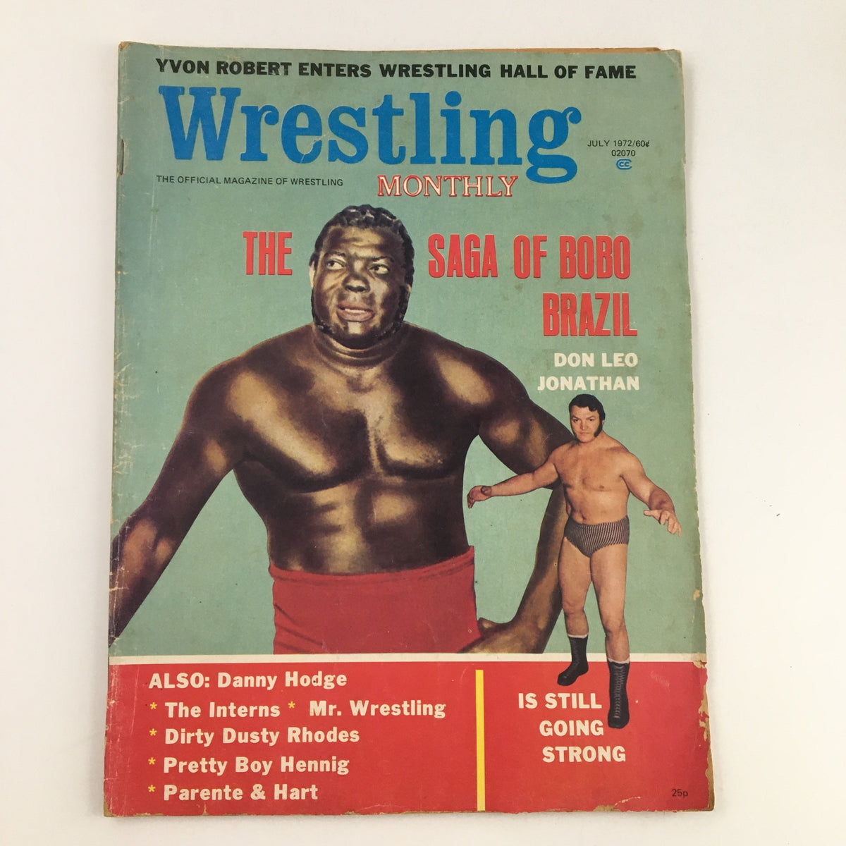 Wrestling Monthly Magazine July 1972 cover featuring Don Leo Jonathan and Bobo Brazil, showcasing iconic wrestling history.