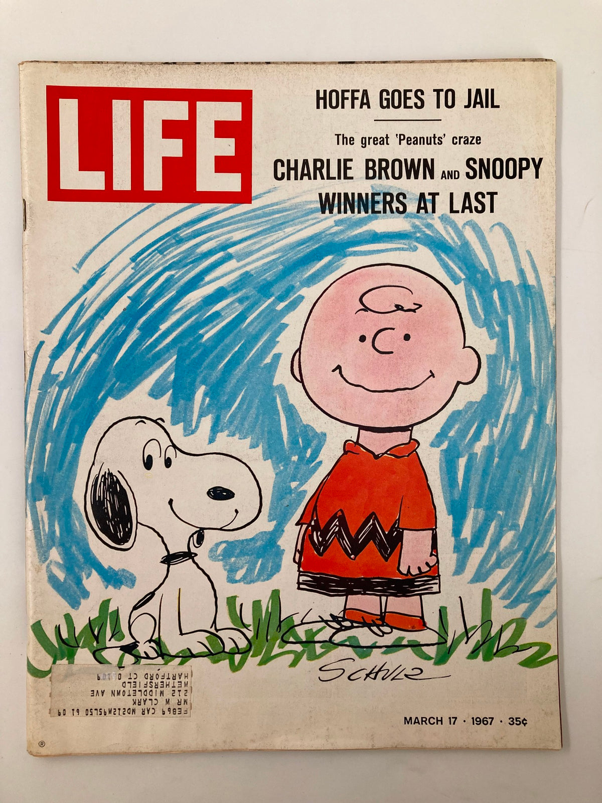 Cover of VTG Life Magazine March 17 1967 featuring Charlie Brown and Snoopy, with colorful artwork highlighting the theme 'Winners at Last', showcasing the popular 'Peanuts' comic strip characters.