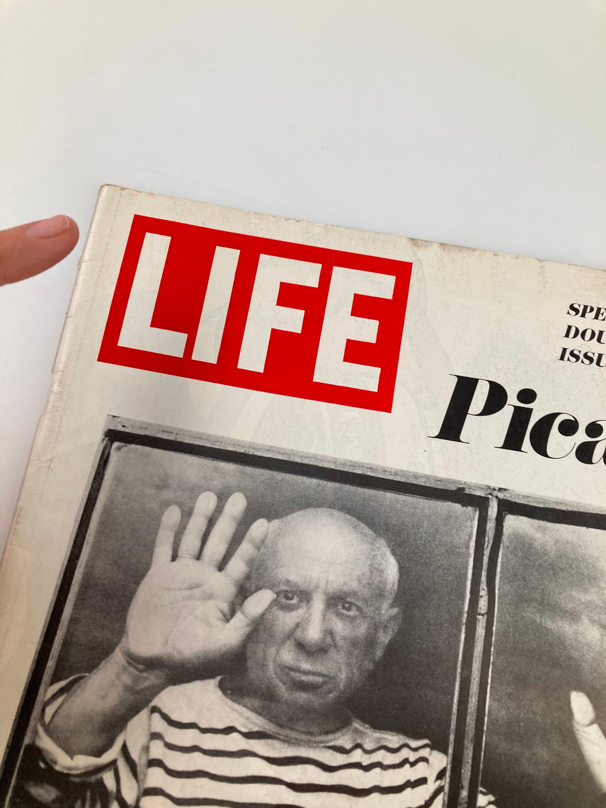 Close-up of the Life Magazine cover featuring Pablo Picasso, highlighting the title and the iconic photograph of Picasso, with text indicating it is a special double issue from December 27, 1968.