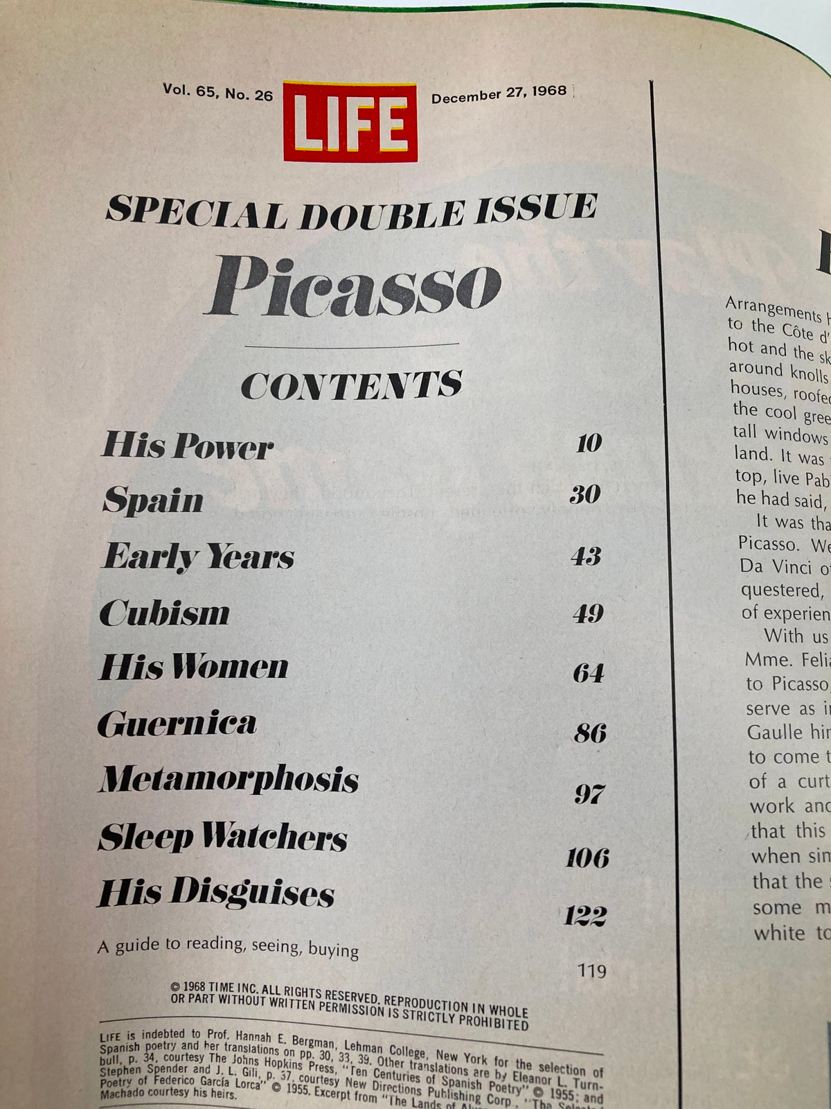 Table of contents from the VTG Life Magazine December 27 1968 issue, highlighting articles about Pablo Picasso, including 'His Power', 'Spain', 'Cubism', and 'His Women'.