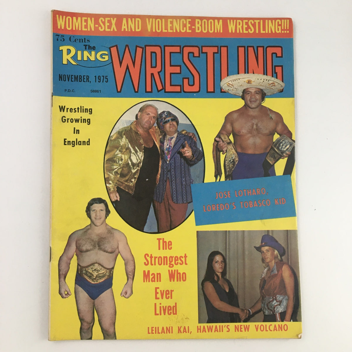 Cover of The Ring Wrestling Magazine, November 1975 featuring Jose Lothario and Gino Brito, highlighting the wrestling boom in the 1970s.