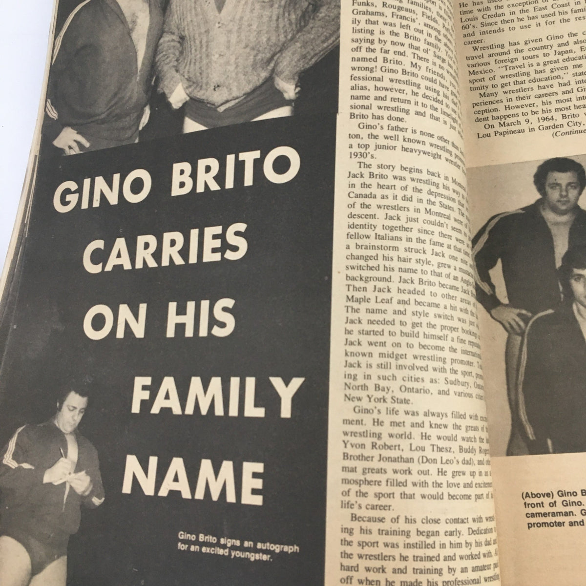 Article about Gino Brito titled 'Gino Brito Carries On His Family Name' from The Ring Wrestling Magazine, November 1975, detailing his wrestling lineage.