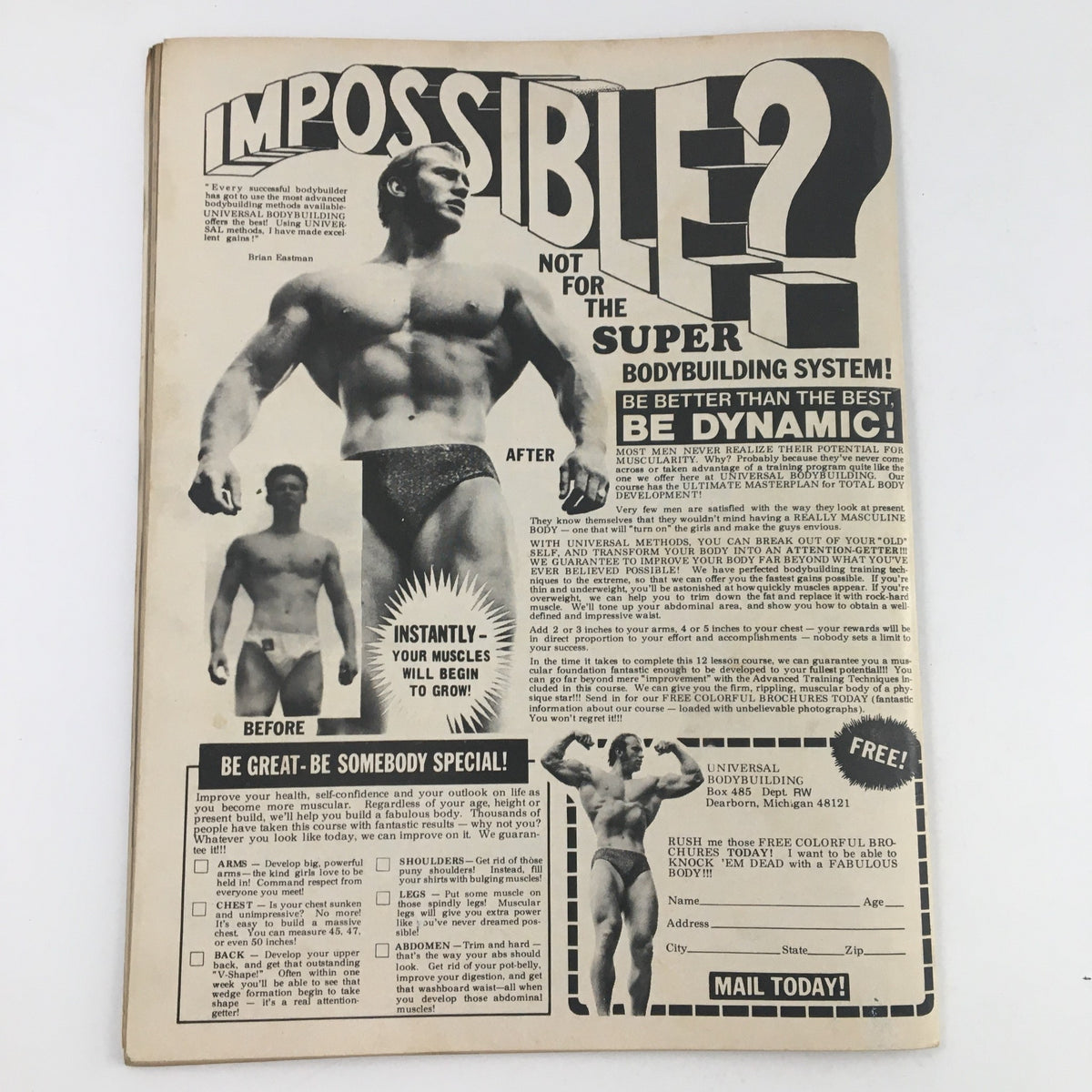 Image of an advertisement from The Ring Wrestling Magazine November 1975 promoting a bodybuilding system, featuring before and after photos of a muscular man, aimed at enhancing physical fitness.