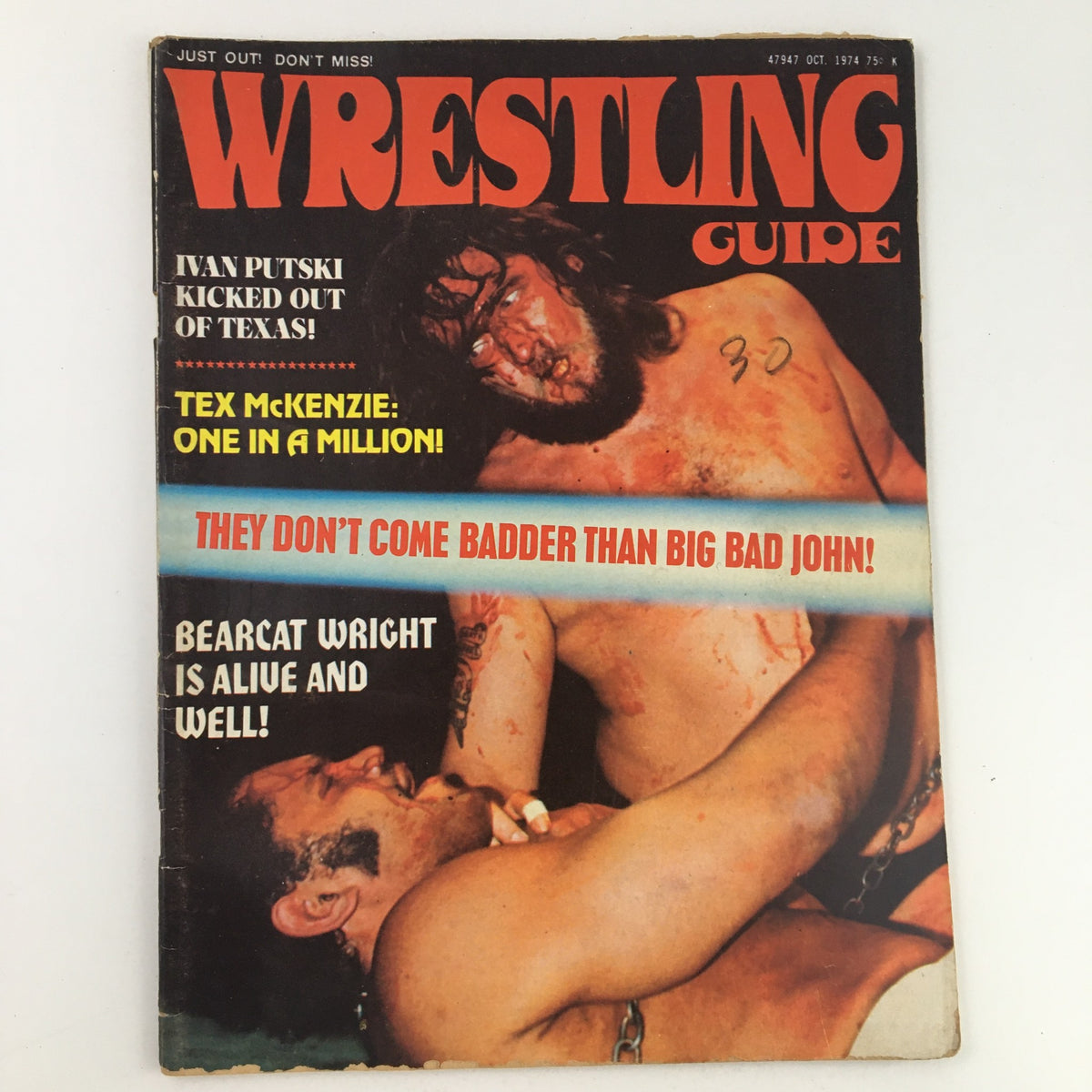 Wrestling Guide October 1974 cover featuring Ivan Putski, Bearcat Wright, and Tex McKenzie in an action-filled scene. The magazine showcases wrestling highlights and narratives from the era.
