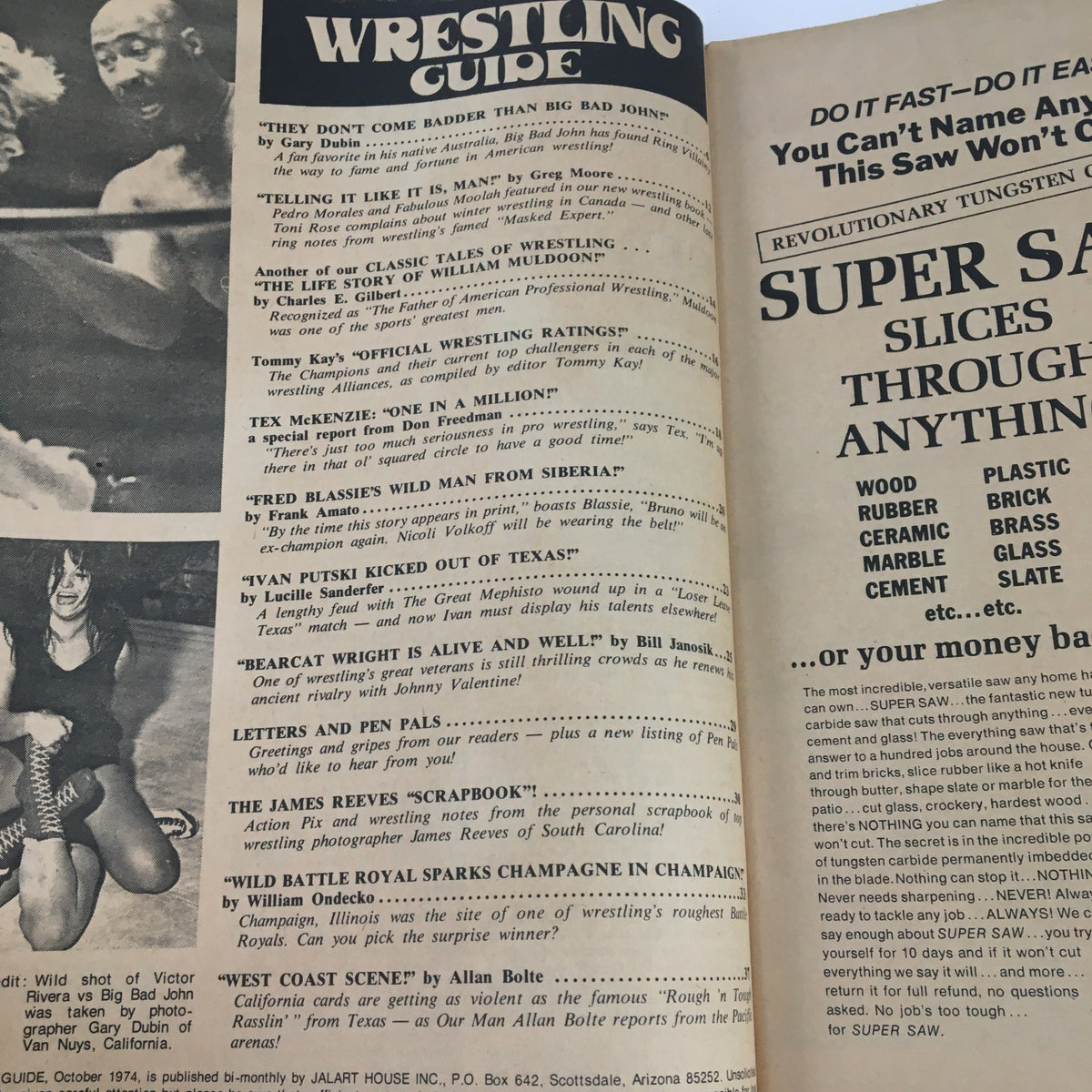 Wrestling Guide October 1974 featuring an article on various wrestling topics, including 'Wild Man From Siberia' and ratings by Tommy Kay, showcasing the essence of 1970s professional wrestling culture.
