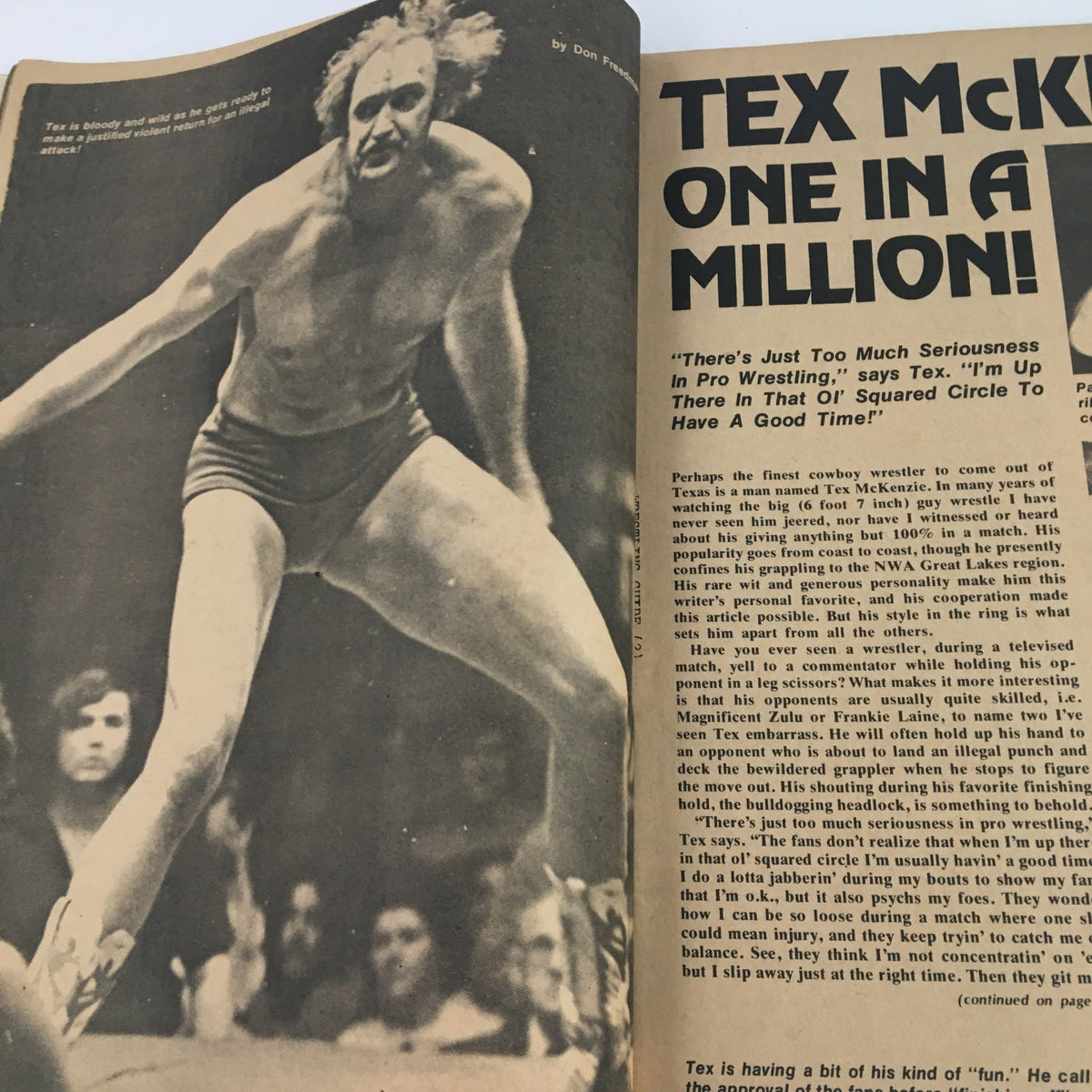 Wrestling Guide October 1974 featuring the article 'Tex McKenzie: One in a Million!', highlighting Tex's unique style and personality in professional wrestling.