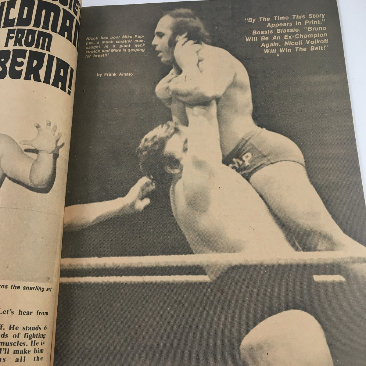 Image from Wrestling Guide October 1974 presenting the article 'Fred Blassie's Wild Man from Siberia', depicting a dramatic wrestling moment with Mike Papas and highlighting the era's storytelling.