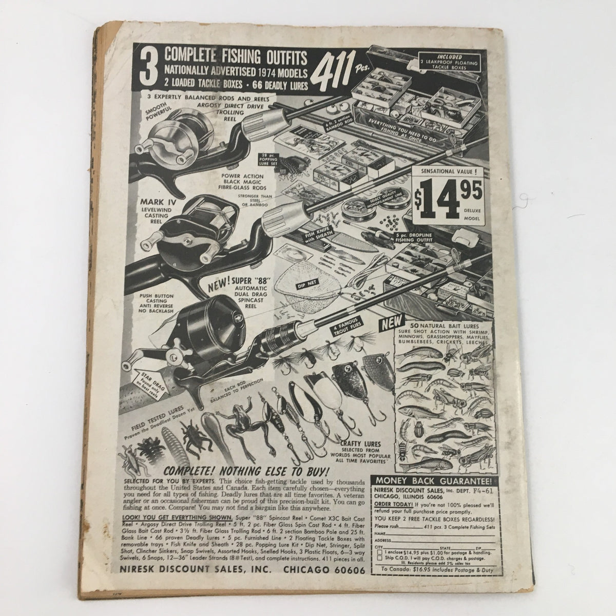 Wrestling Guide October 1974 Ivan Putski, Bearcat Wright & Tex McKenzie displaying an advertisement for fishing gear related to the magazine.