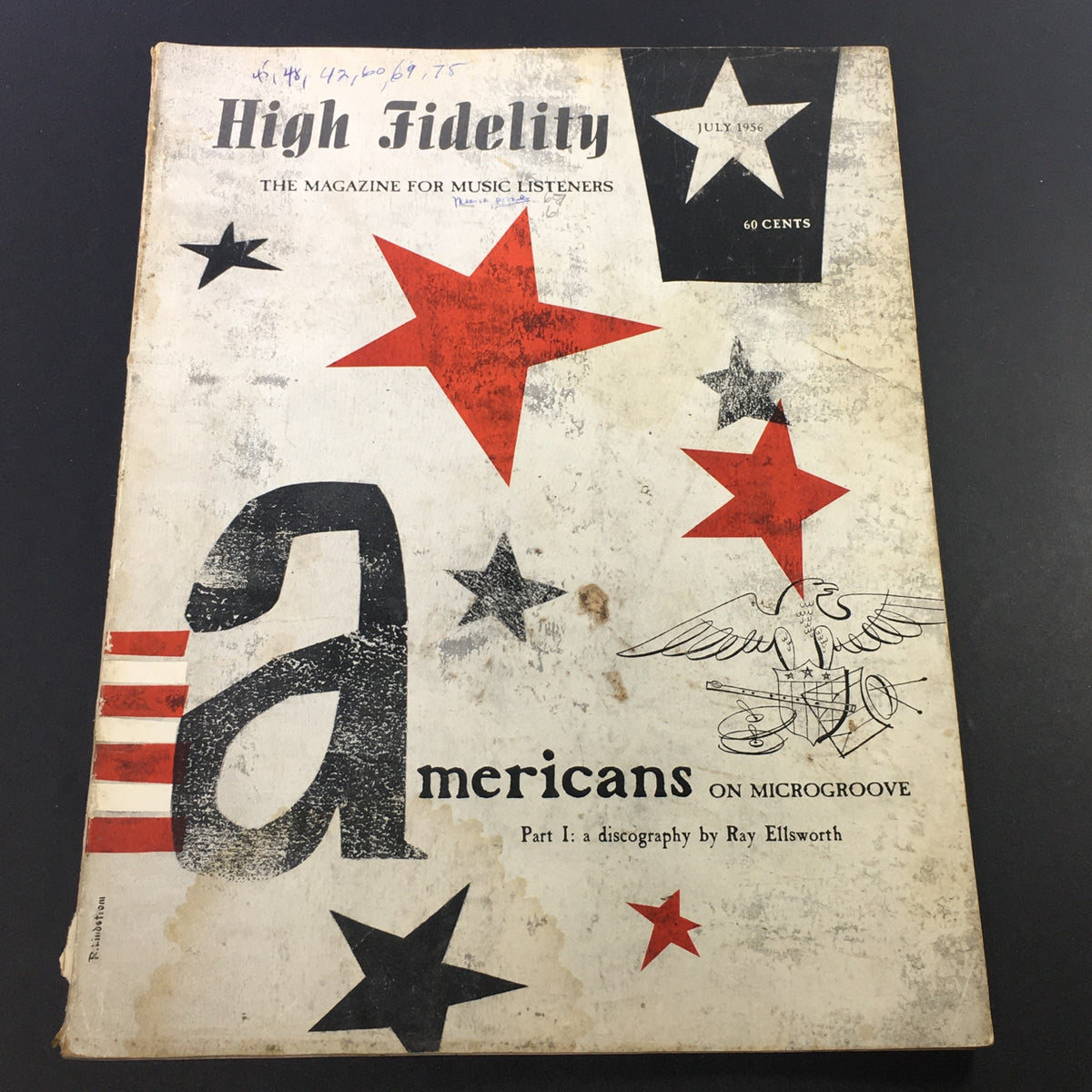 Cover of VTG High Fidelity Music Magazine July 1956 featuring bold red and black stars and the title 'High Fidelity: The Magazine for Music Listeners'. Highlights the article 'Americans on Microgroove Part I'.