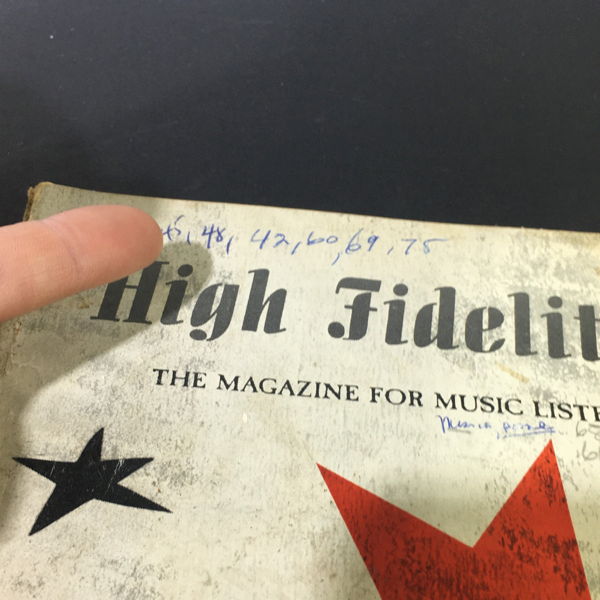 Close-up of the top corner of the VTG High Fidelity Music Magazine July 1956 cover, showing handwritten notations and the iconic title logo.