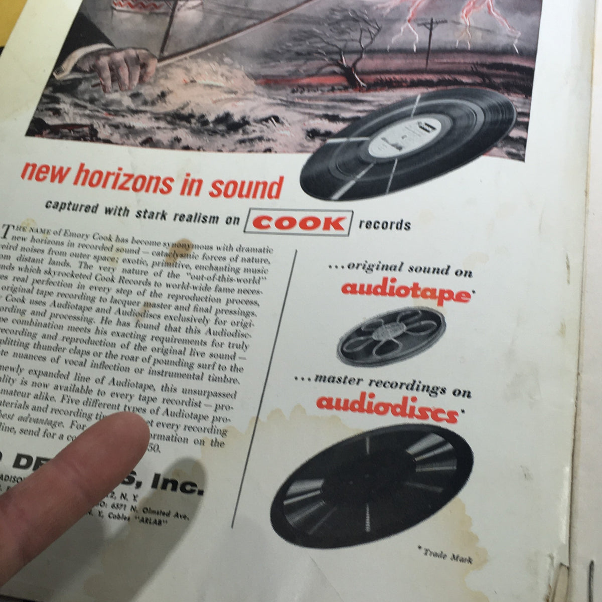 An advertisement from the VTG High Fidelity Music Magazine July 1956 showcasing sound technology advancements, featuring COOK records and audiotape. This magazine highlights the evolution of audio recording.