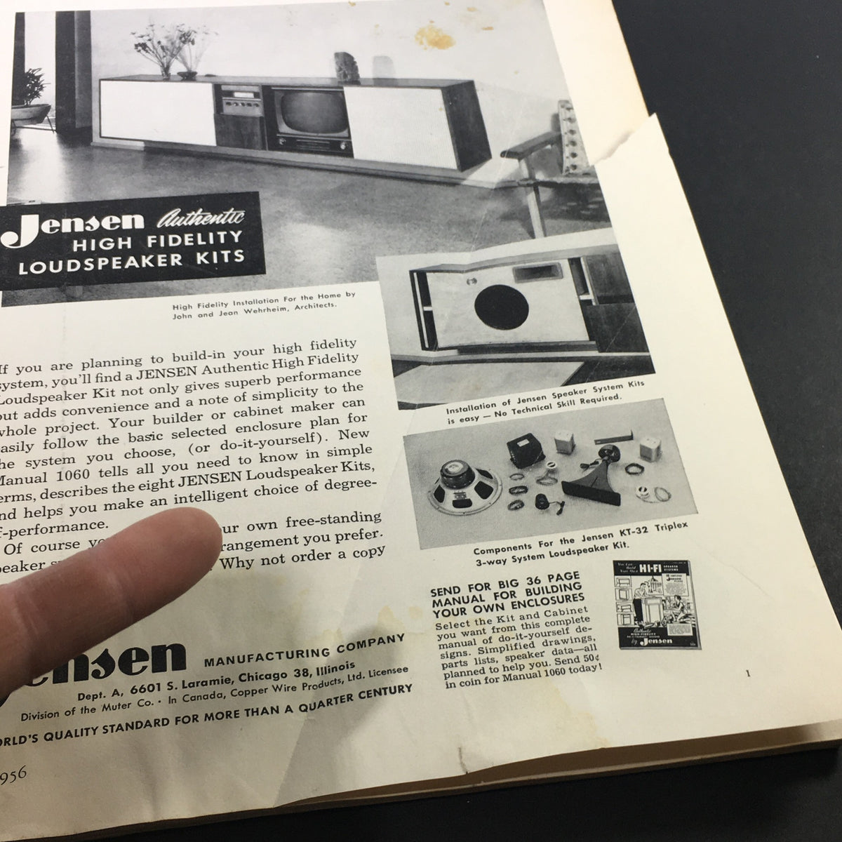 A page from the VTG High Fidelity Music Magazine July 1956 presenting Jensen Loudspeaker Kits for home audio systems, emphasizing DIY installation and high fidelity sound quality.