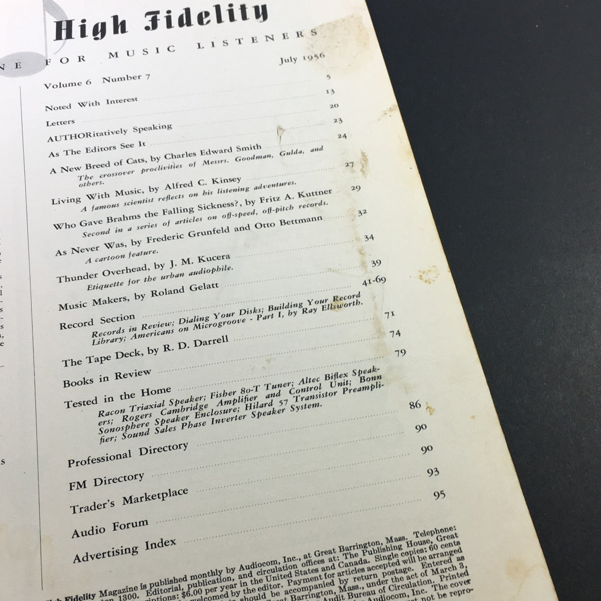 The contents page of the VTG High Fidelity Music Magazine July 1956, detailing articles and features focused on music and sound technology, including topics relevant to collectors and audiophiles.
