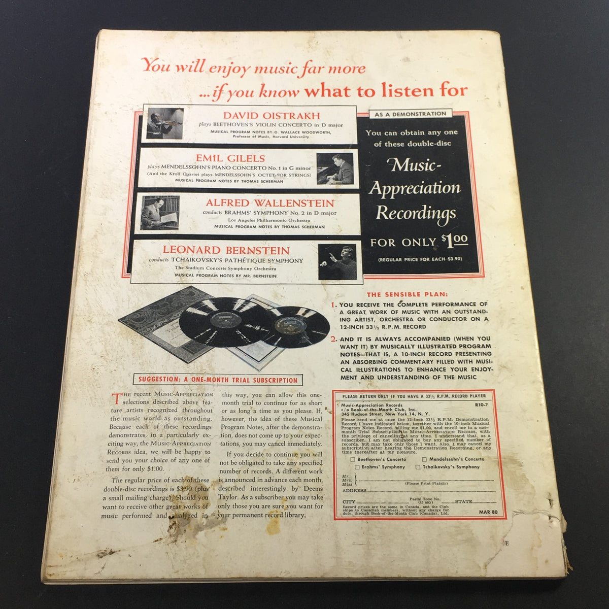 The back cover of the VTG High Fidelity Music Magazine July 1956 featuring music appreciation recordings and subscription offers, highlighting classical music performances and educational materials.