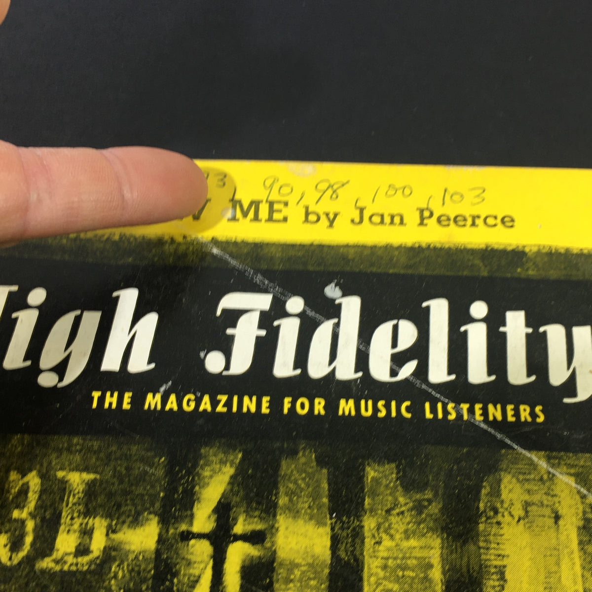 Detail view of the VTG High Fidelity Music Magazine November 1956, focusing on the title and contributor, Jan Pearce, emphasizing its vintage appeal.