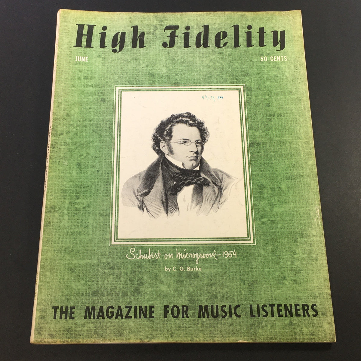 Cover of VTG High Fidelity Music Magazine from June 1954 featuring Franz Schubert on Microgroove. The magazine showcases Schubert's portrait, vintage design elements, and is a collectible piece for music enthusiasts.