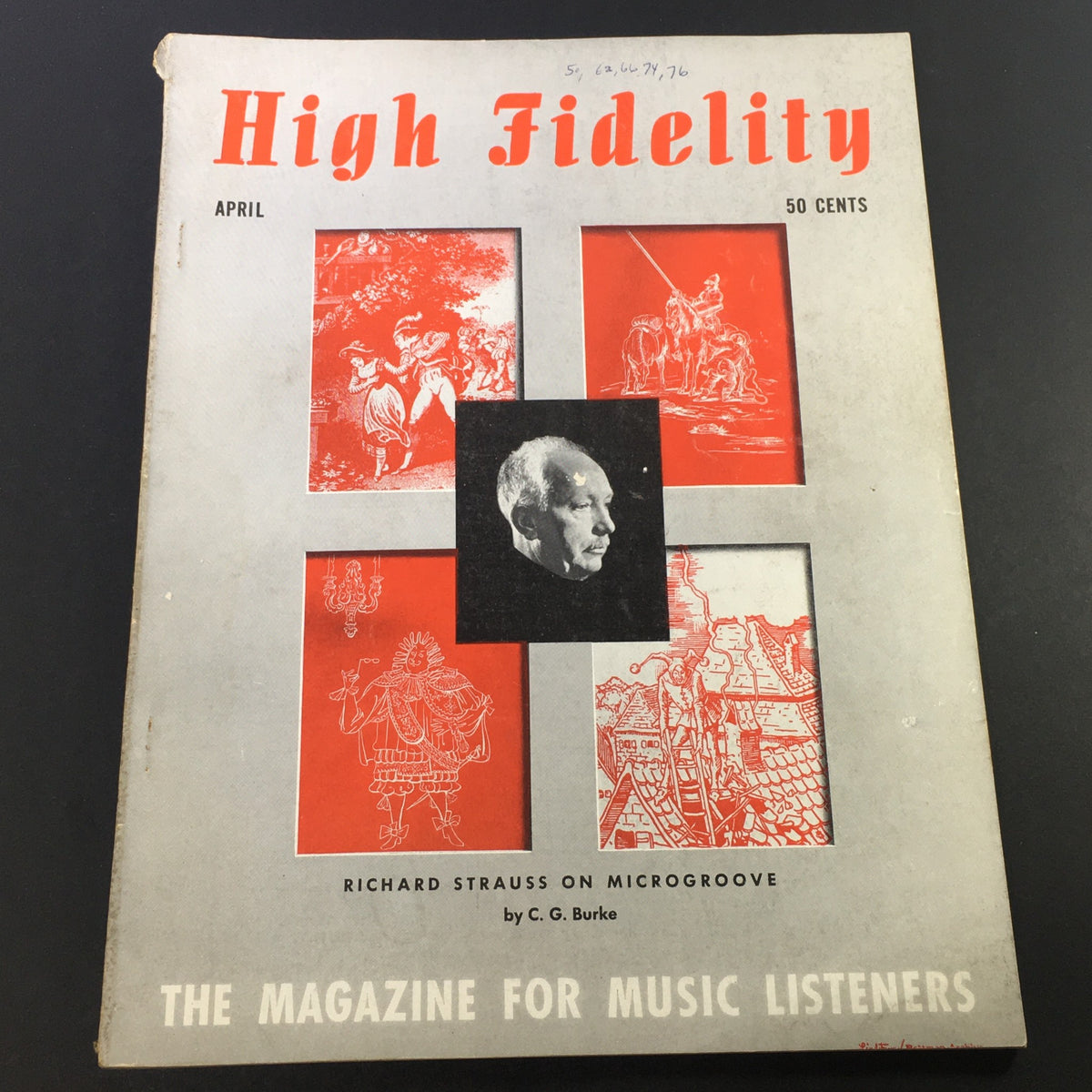 Cover of the VTG High Fidelity Music Magazine April 1954 featuring Richard Strauss on Microgroove, showcasing a vintage design with illustrations and article highlights.