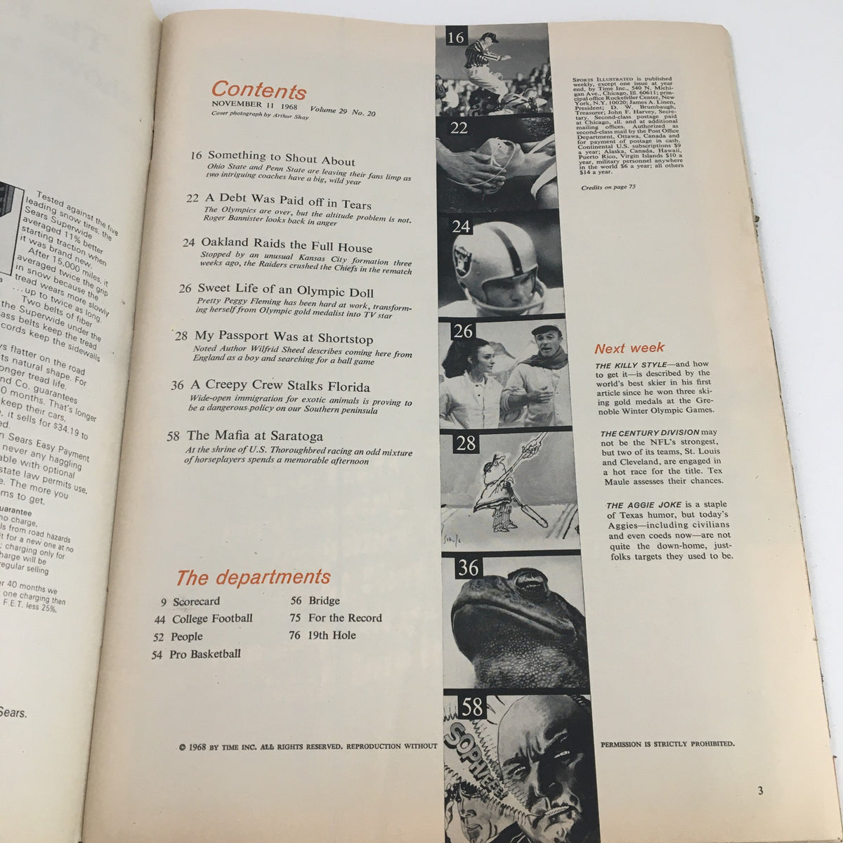 Interior contents page of Sports Illustrated Magazine November 11, 1968, detailing articles covering various sports topics including college football, showcasing its vintage appeal.