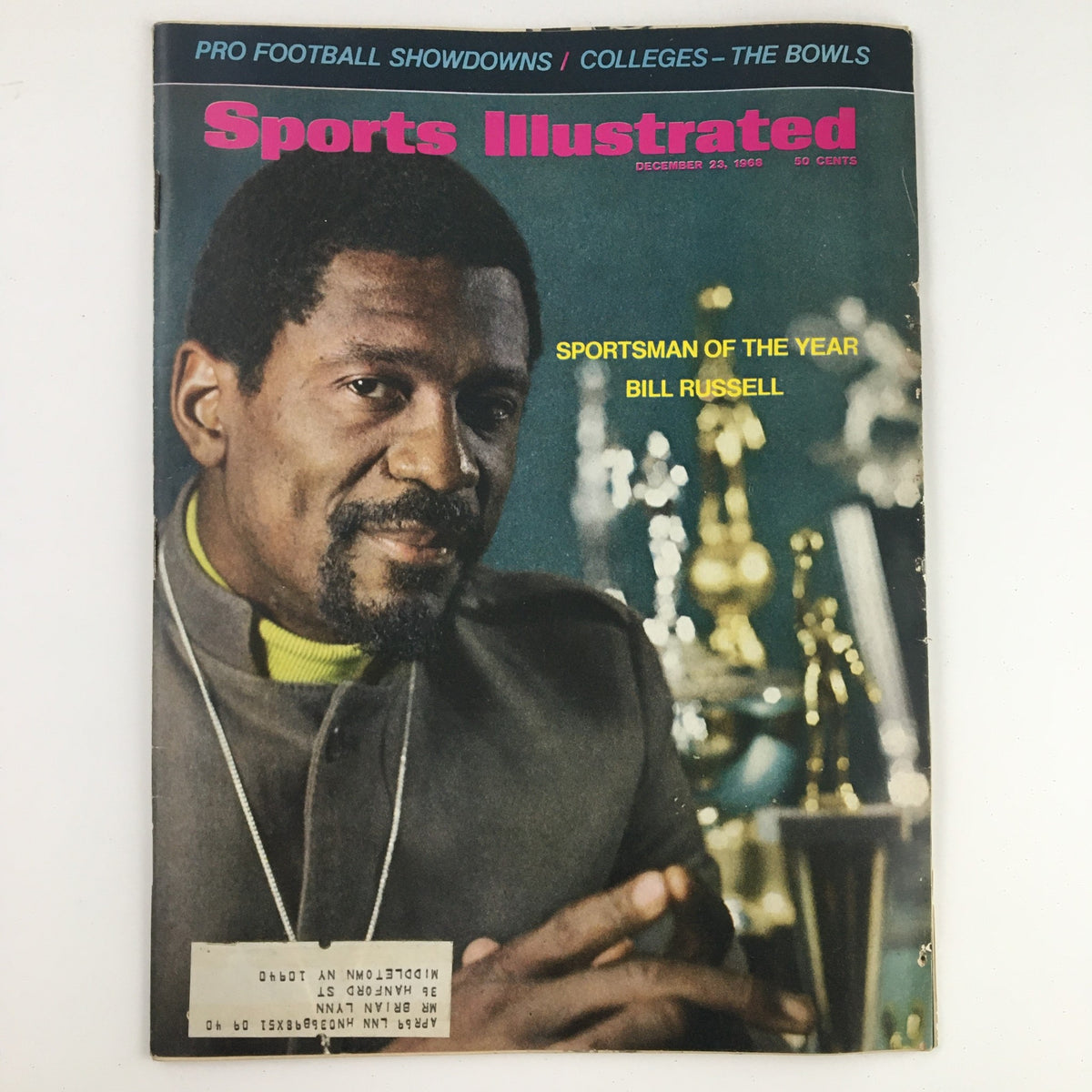 Cover of Sports Illustrated Magazine December 23 1968 featuring Bill Russell as Sportsman of the Year, showcasing his portrait with trophies in the background.