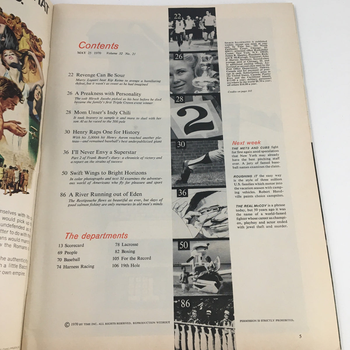 Sports Illustrated Magazine May 25 1970 - Contents page highlighting articles and features from the issue.