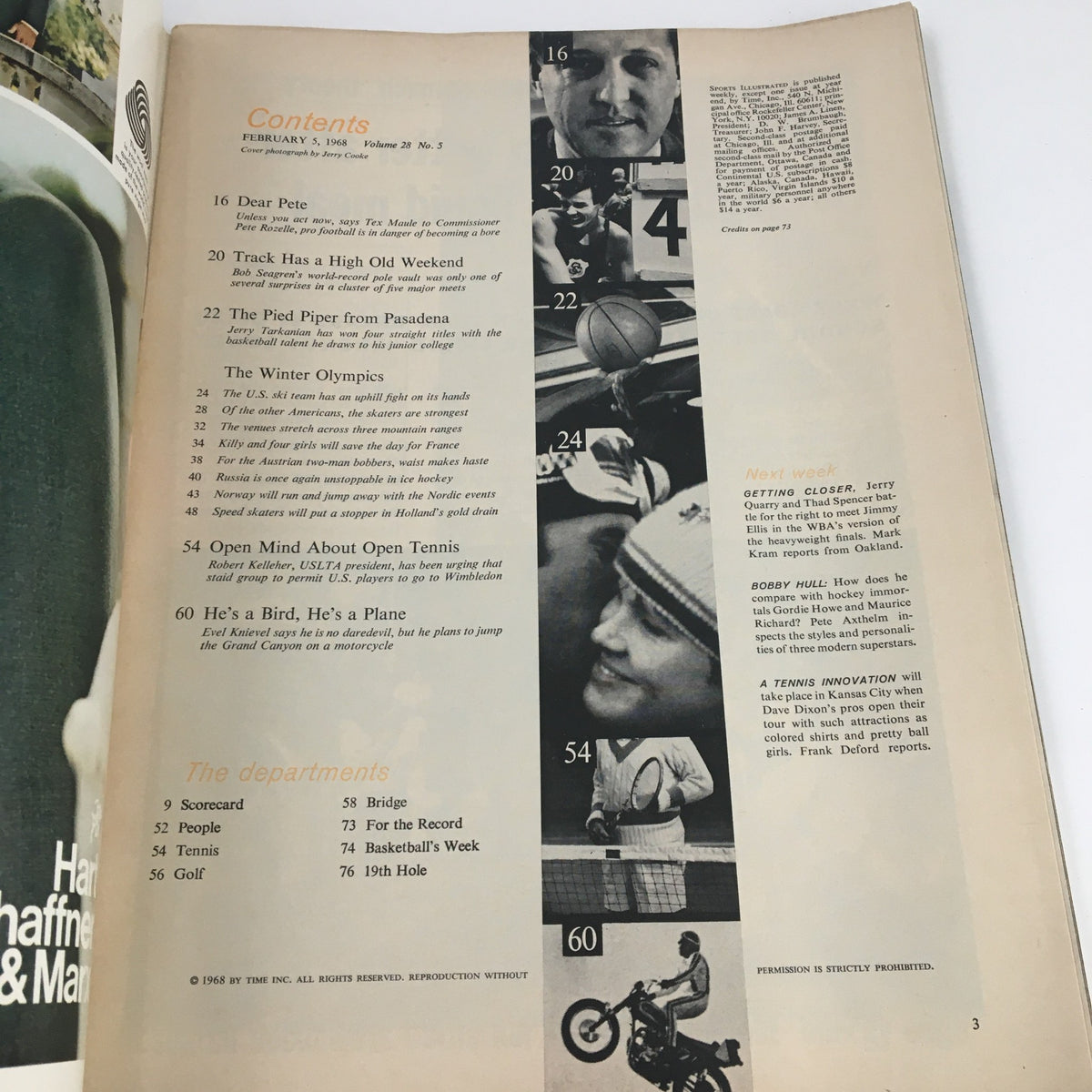 Contents page of Sports Illustrated Magazine February 5, 1968, showcasing various articles, including a feature on the Winter Olympics and notable sports events.