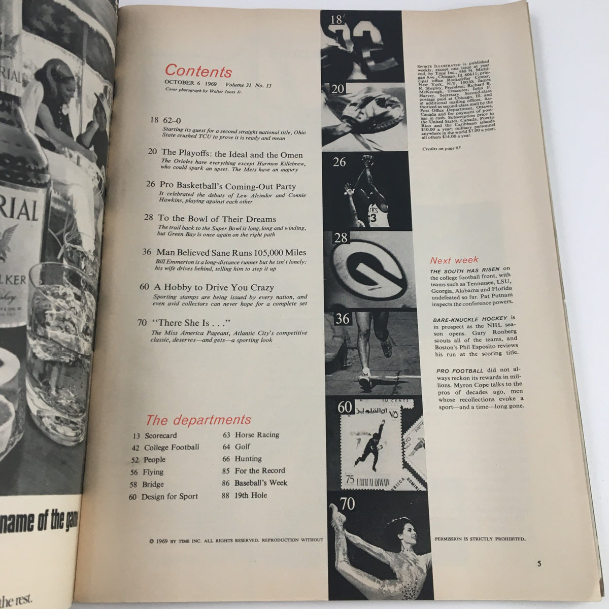 Contents page of the Sports Illustrated Magazine from October 6, 1969, showcasing various sports articles including contributions by MLB and features on basketball and football.