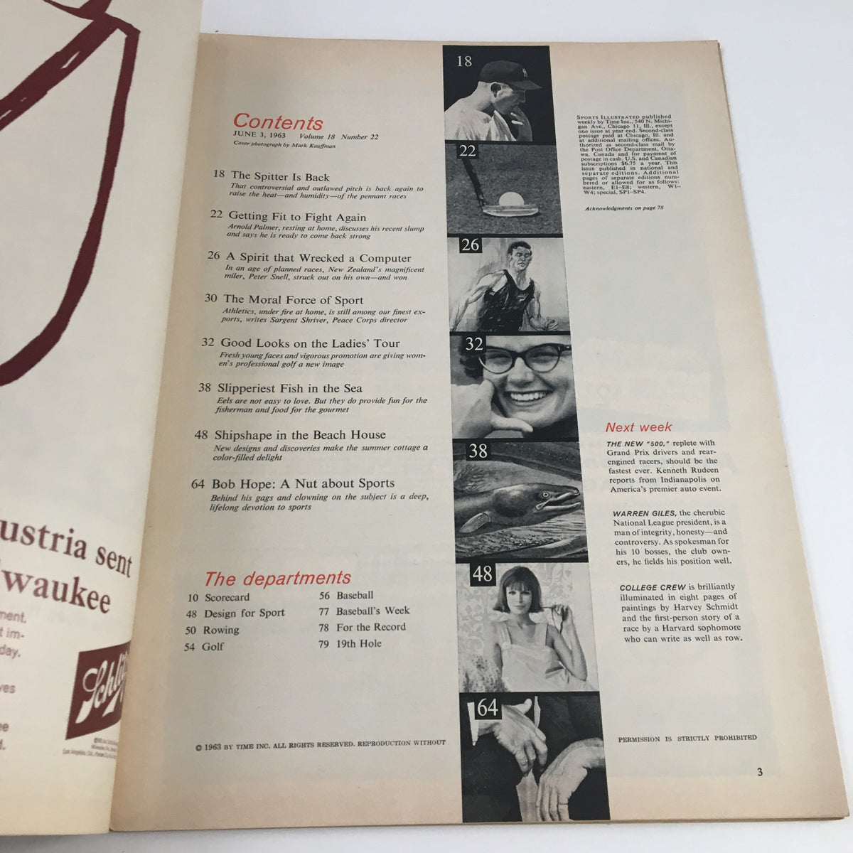 Interior page of Sports Illustrated Magazine June 3 1963, displaying the contents list and highlighting articles including 'Bob Hope: A Nut about Sports'.