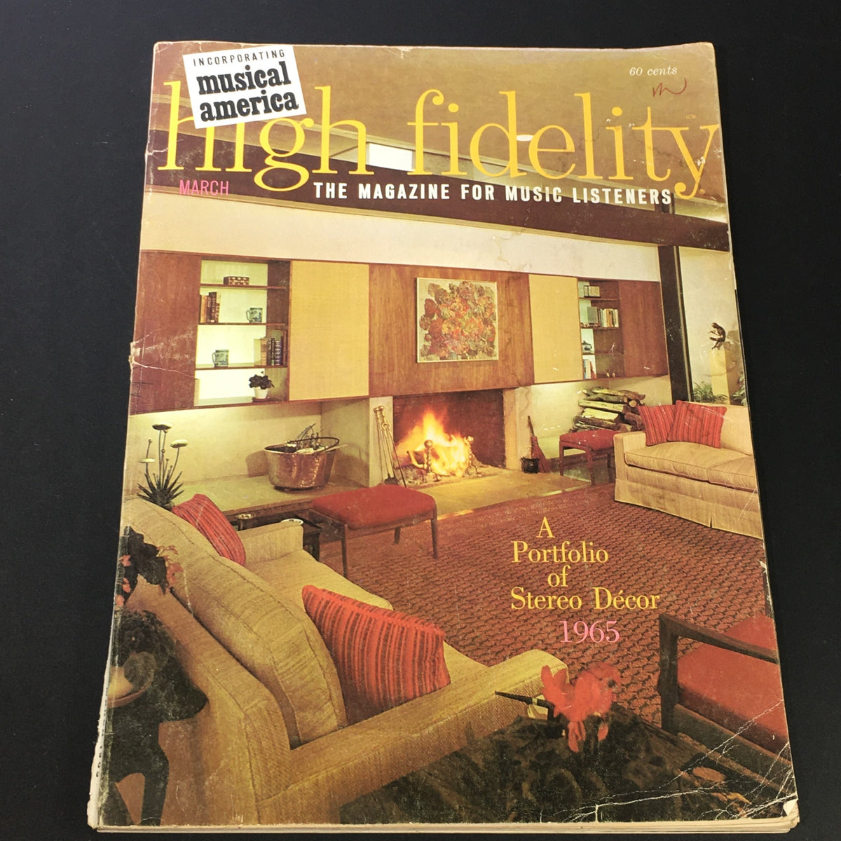 Cover of VTG High Fidelity Music Magazine March 1965 featuring a vintage stereo decor portfolio and stylish living room illustration.