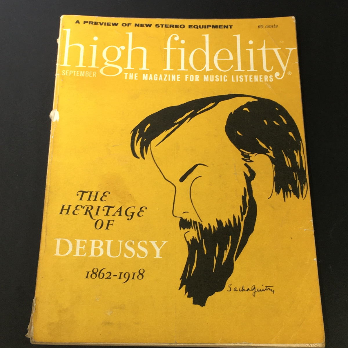 Cover of VTG High Fidelity Music Magazine from September 1962 featuring 'The Heritage of Debussy 1862-1918', showcasing vintage design and an illustration of composer Claude Debussy.