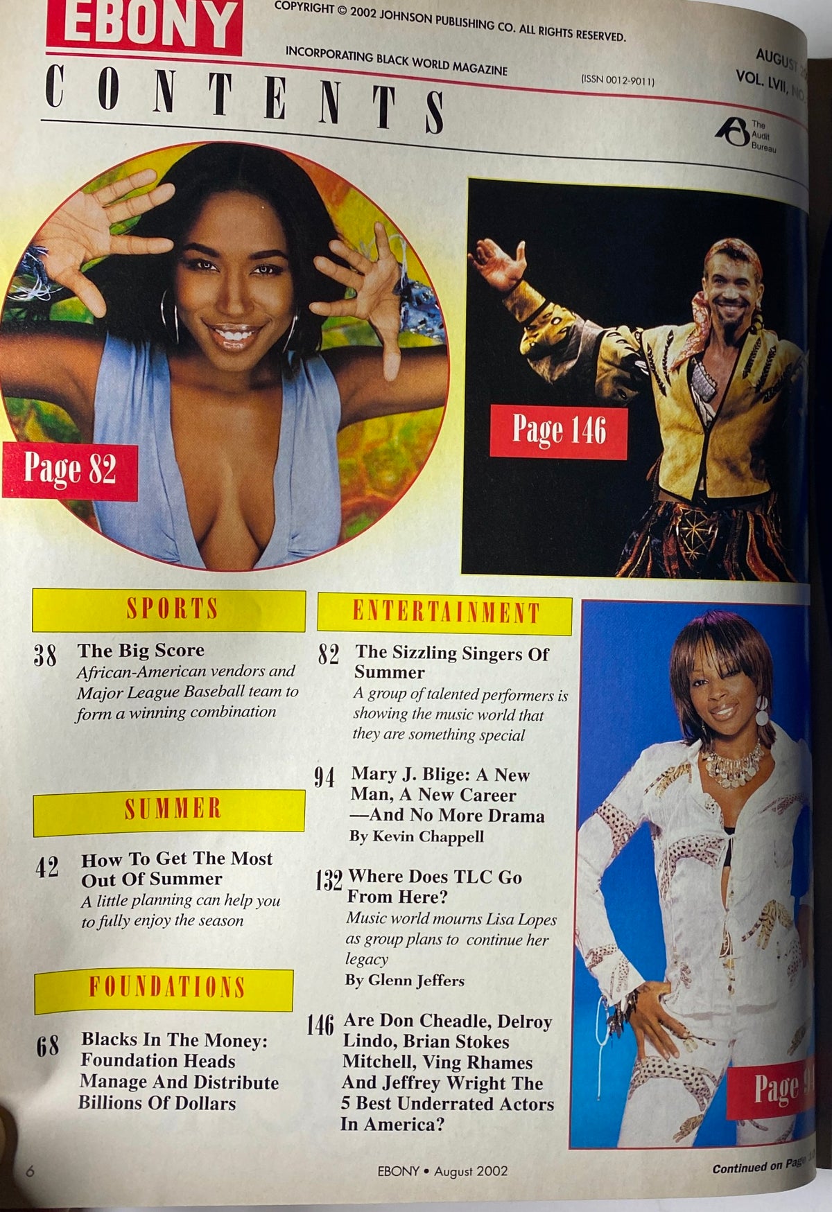 Table of contents page from Ebony Magazine August 2002, listing articles including features on Mary J. Blige and summer entertainment.