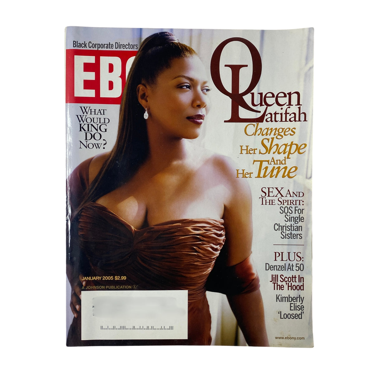 Ebony Magazine January 2005 Vol LX, No. 3 featuring Queen Latifah on the cover, discussing her personal transformation and wellness, in very good condition.