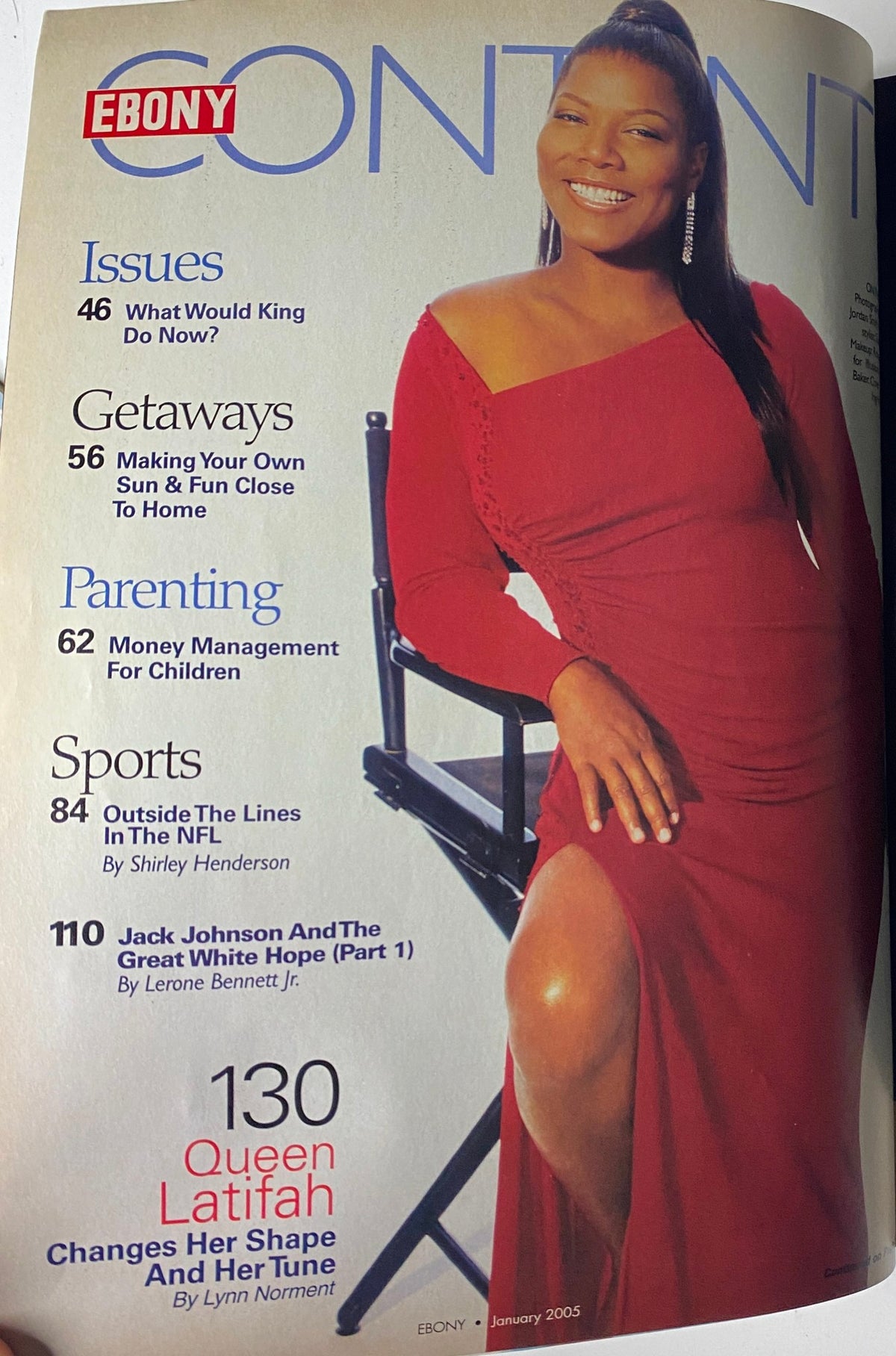 Inside page of Ebony Magazine January 2005 showcasing the contents including Queen Latifah's feature article 'Changes Her Shape and Her Tune', along with other topics.