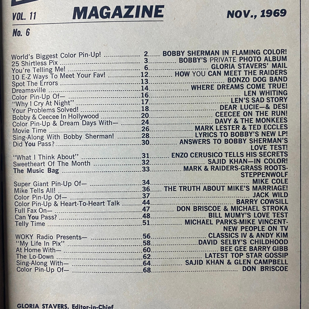 Table of contents for the 16 Magazine November 1969 issue, including features on Bobby Sherman, Mike Cole, and teen idol stories.