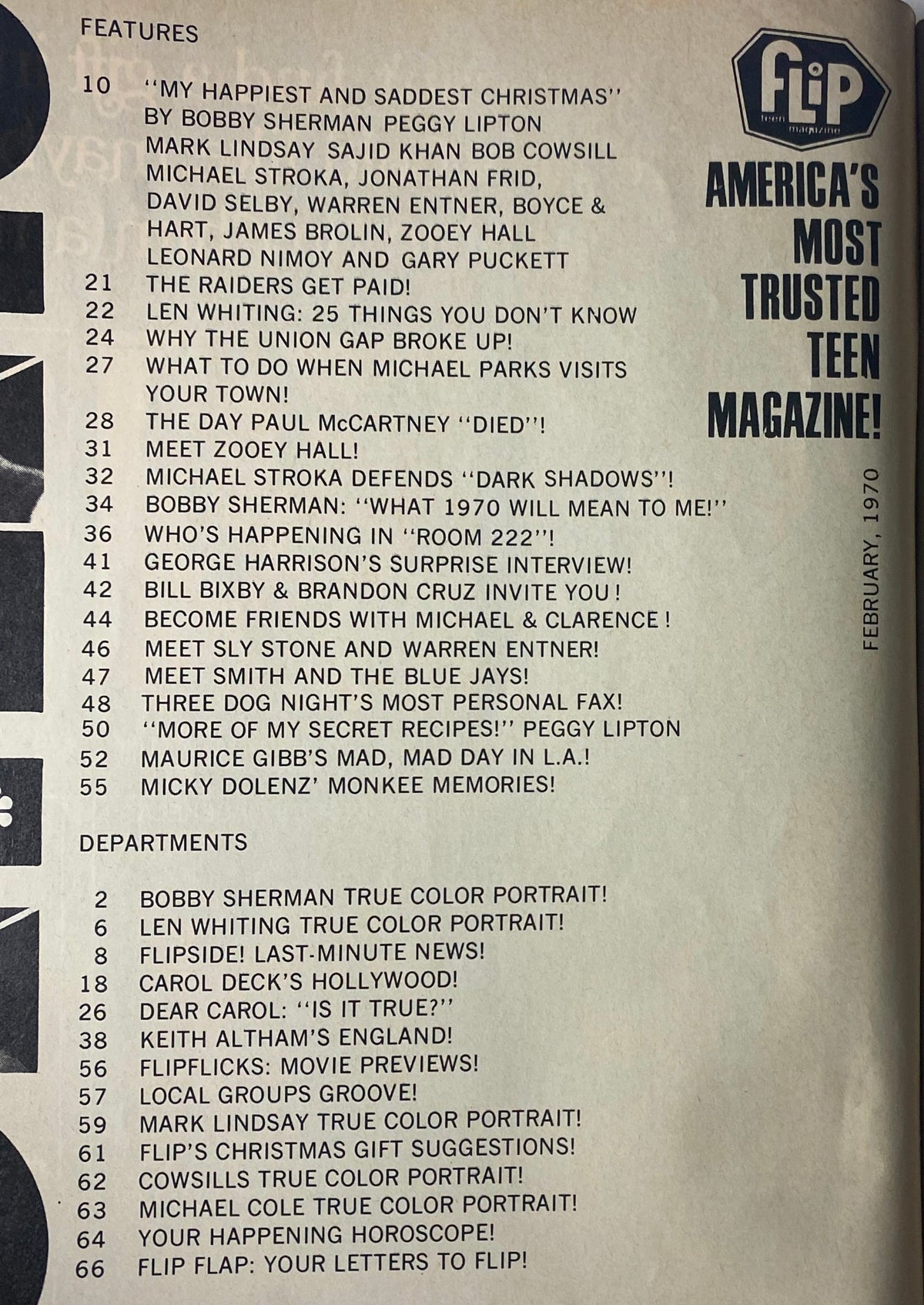 Interior page of Flip Magazine February 1970 showcasing features including 'My Happiest and Saddest Christmas' and other popular teen topics.