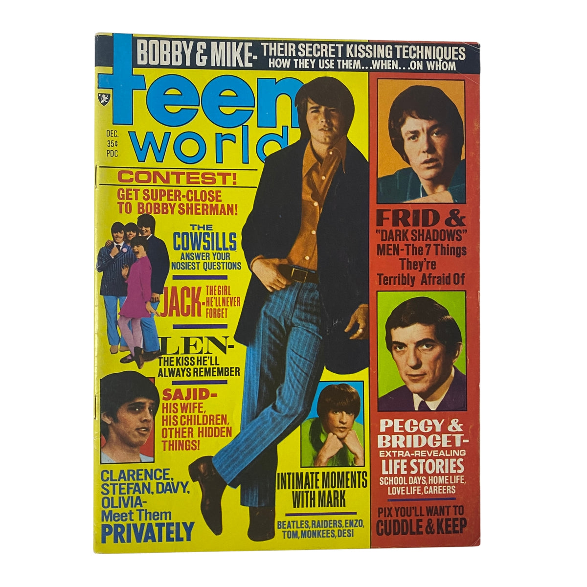 Teen World Magazine December 1969 cover featuring Bobby Sherman and Michael J. James with colorful design and list of featured articles including contests and exclusive interviews.