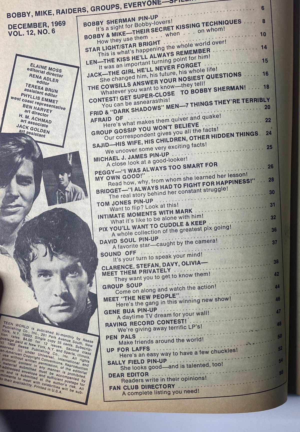 Page from Teen World Magazine December 1969 showcasing article headlines about Bobby Sherman, Michael J. James, and various celebrity gossip.