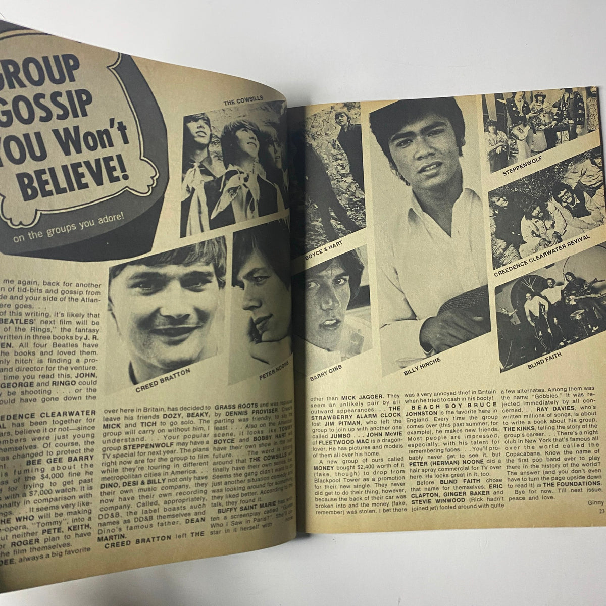 Interior page of Teen World Magazine December 1969 highlighting group gossip, featuring images and names of popular music groups of the time.
