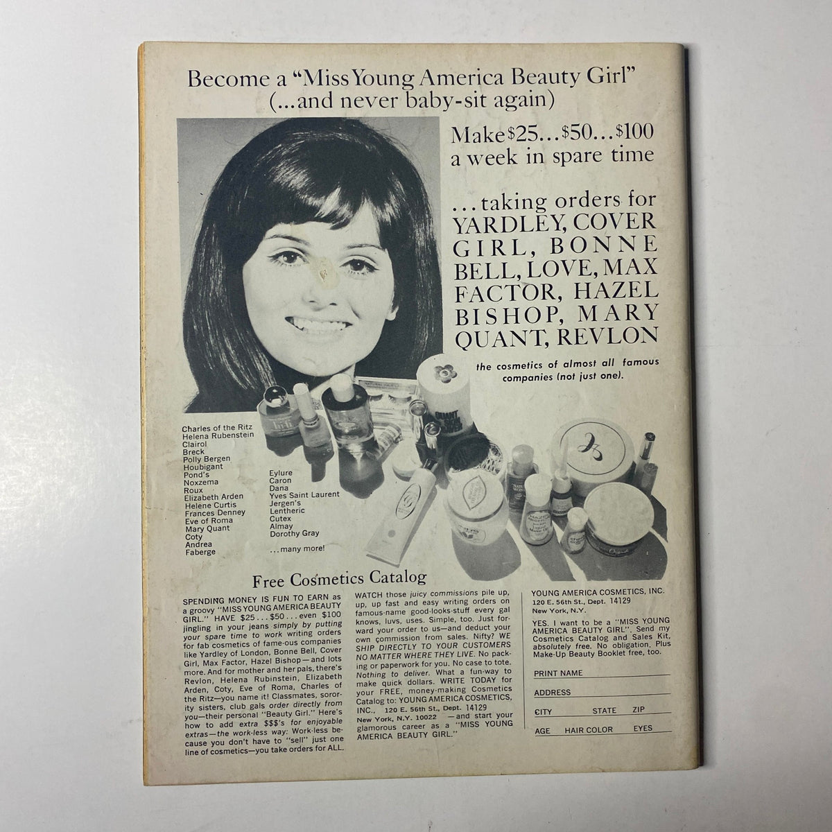 Back cover of Teen World Magazine December 1969 advertising a beauty opportunity with a photo of a female model promoting Young America cosmetics.