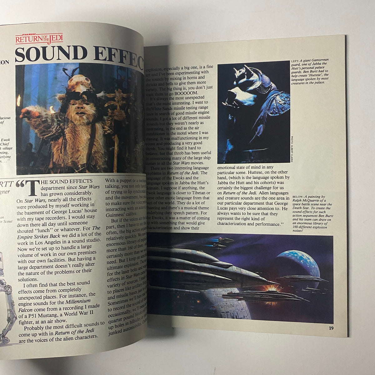 Page from the 1983 Star Wars Return Of The Jedi, Official Collectors Edition discussing sound effects with images of Ewoks and other characters.