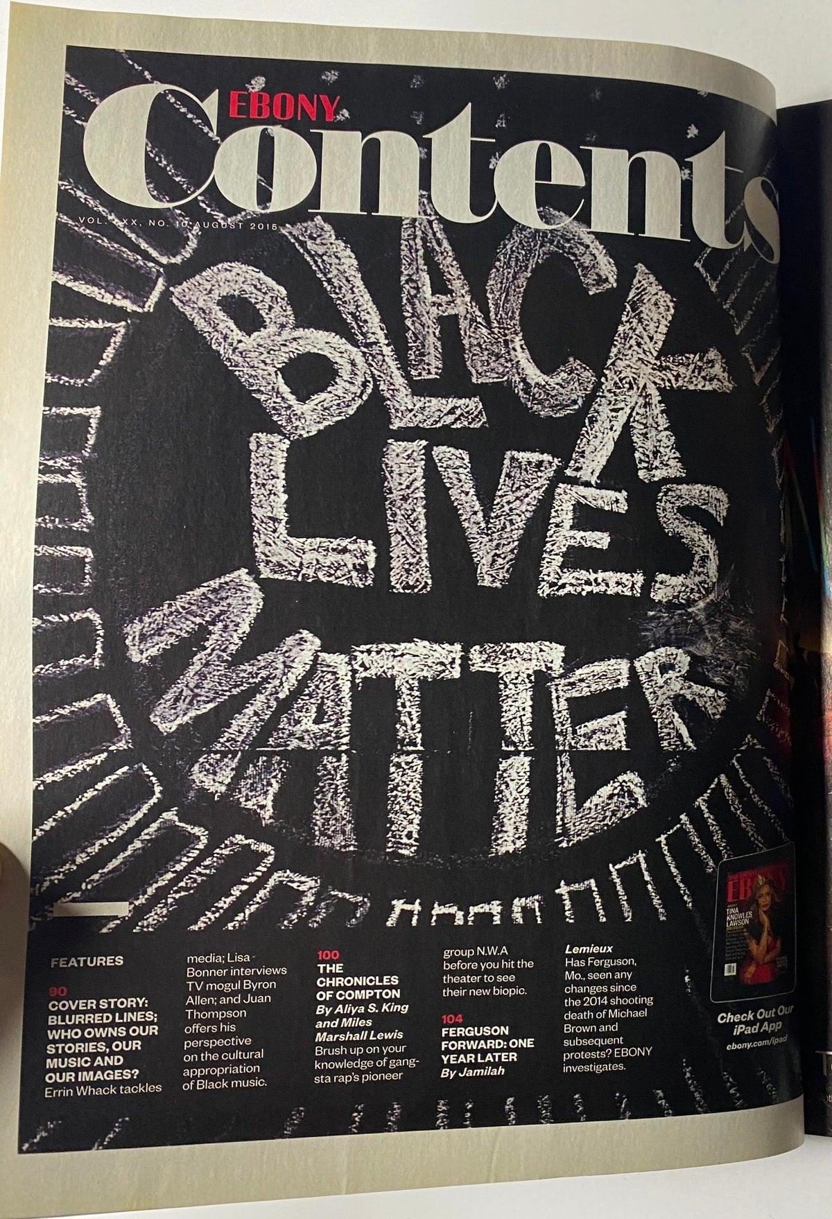 Inside cover of Ebony Magazine August 2015 showcasing the contents page with a bold statement 'Black Lives Matter' and featured articles related to the movement.